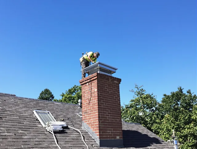 Newtown Chimney Sweep technician measuring a chimney cap in Newtown, CT