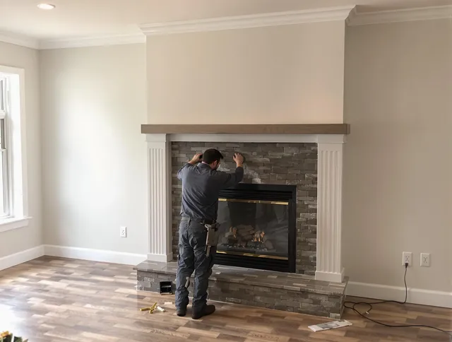 Newtown Chimney Sweep finishing a custom fireplace install in Newtown, CT